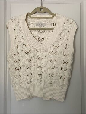 LOFT Cream Open-Stitch V-Neck Cable Knit Sweater Vest